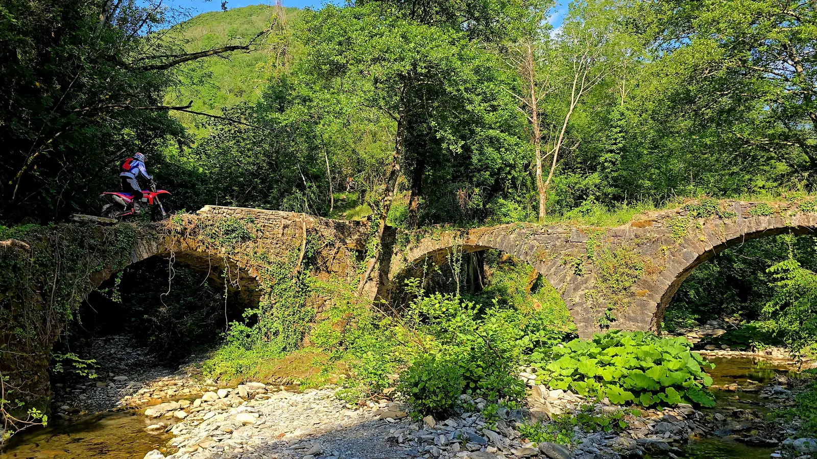 Eine alte Steinbrücke über einem Bachbett im Wald